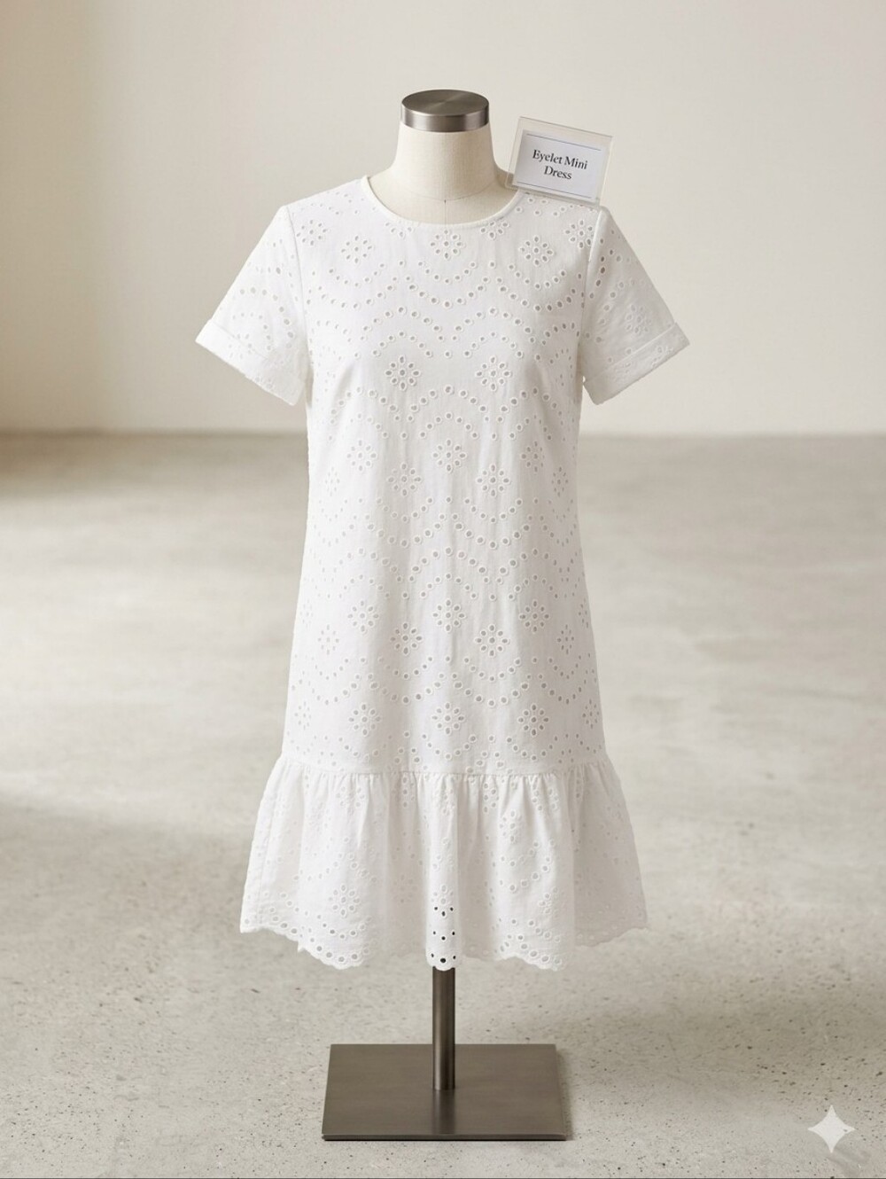 White Eyelet Short Sleeve Ruffle Mini Dress - Boho Chic Summer Sundress. Size S